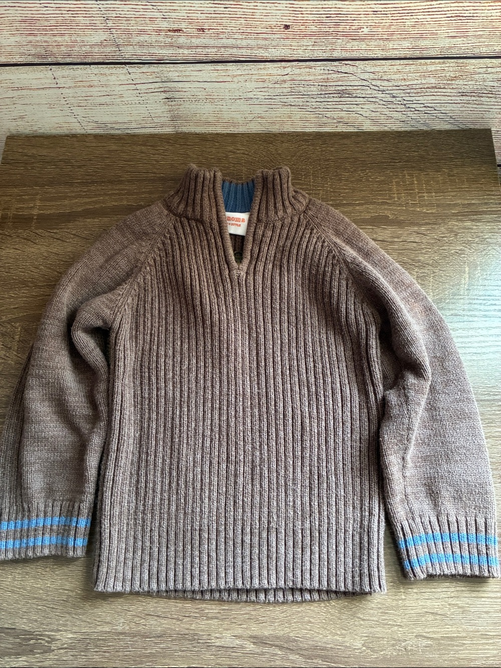 Pre Owned Sonoma Brown Ribbed Half-Zip Sweater with Blue Stripe Cuffs 2T